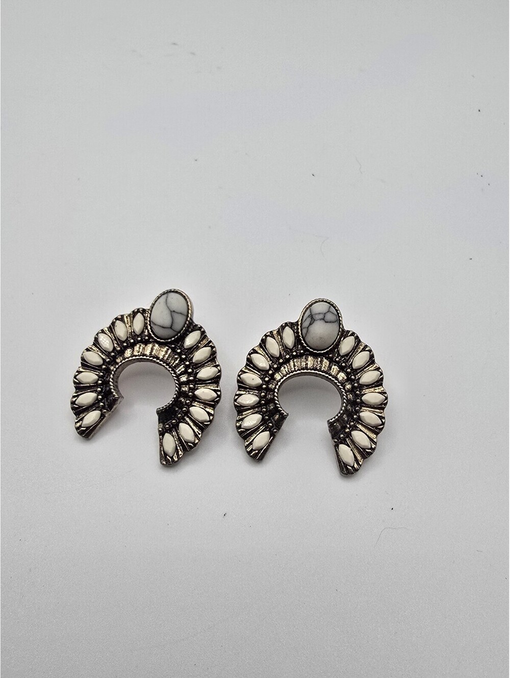 White Howlite Naja Crescent Stud Earrings Silver Tone Squash Blossom Western